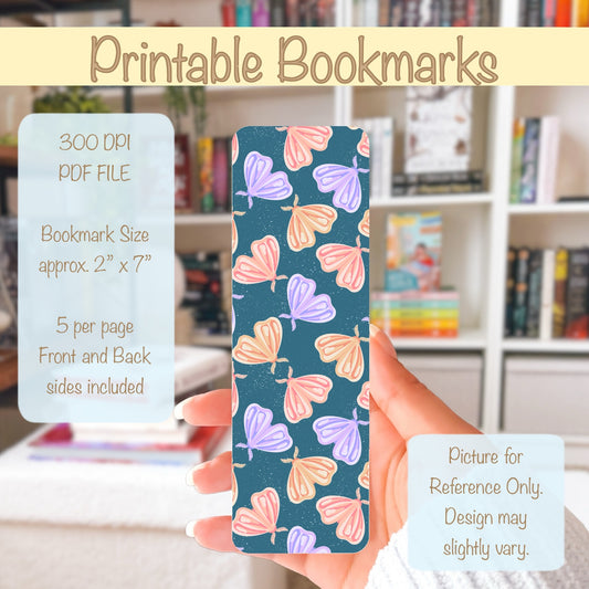 Whimsical Printable Moth Bookmark Blue – Digital Download | 2 PDF Files, 2” x 7” at 300 DPI | Commercial Use