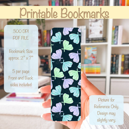 Whimsical Printable Moth Bookmark Dark – Digital Download | 2 PDF Files, 2” x 7” at 300 DPI | Commercial Use