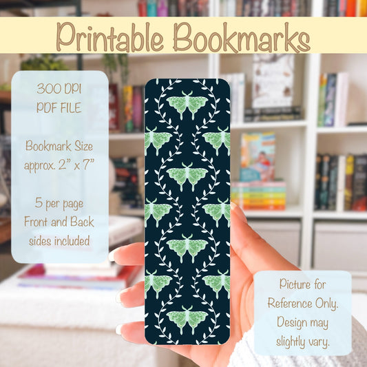 Whimsical Moth Printable Bookmark Dark– Dreamy Digital Download | 2 PDF Files, 2”x7” at 300 DPI | Commercial Use