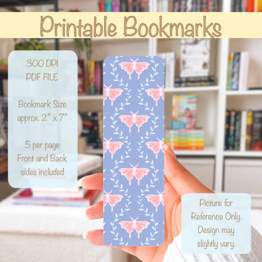 Whimsical Moth Printable Bookmark Purple – Dreamy Digital Download | 2 PDF Files, 2”x7” at 300 DPI | Commercial Use