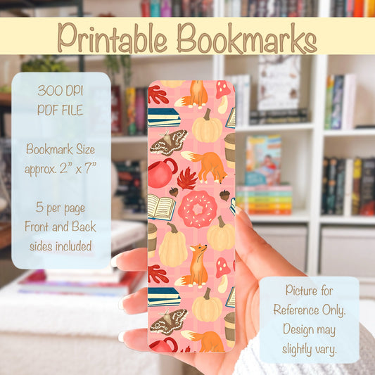 Festive Fall Printable Bookmark with Foxes, Coffee, Books, Donuts, Botanicals & Moths – Digital Download | 2 PDF Files, 2x7” at 300 DPI | Commercial Use