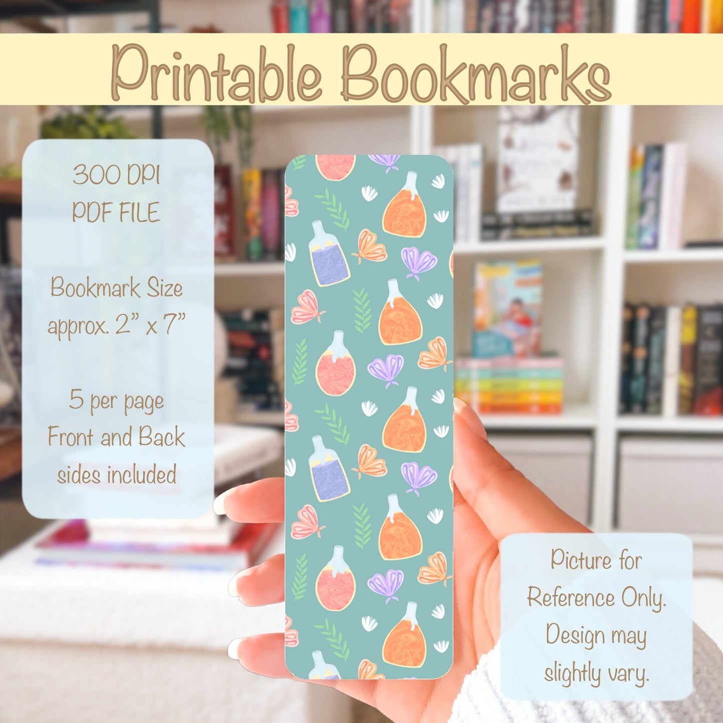 Whimsical Printable Bookmark with Flowers, Moths & Potions Green – Digital Download | 2 PDF Files, 2x7” at 300 DPI | Commercial Use