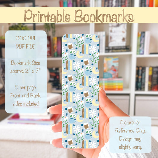 Cottagecore Printable Bookmark with Moons, Flowers, Tea & Books – Digital Download | 2 PDF Files, 2x7” at 300 DPI | Commercial Use