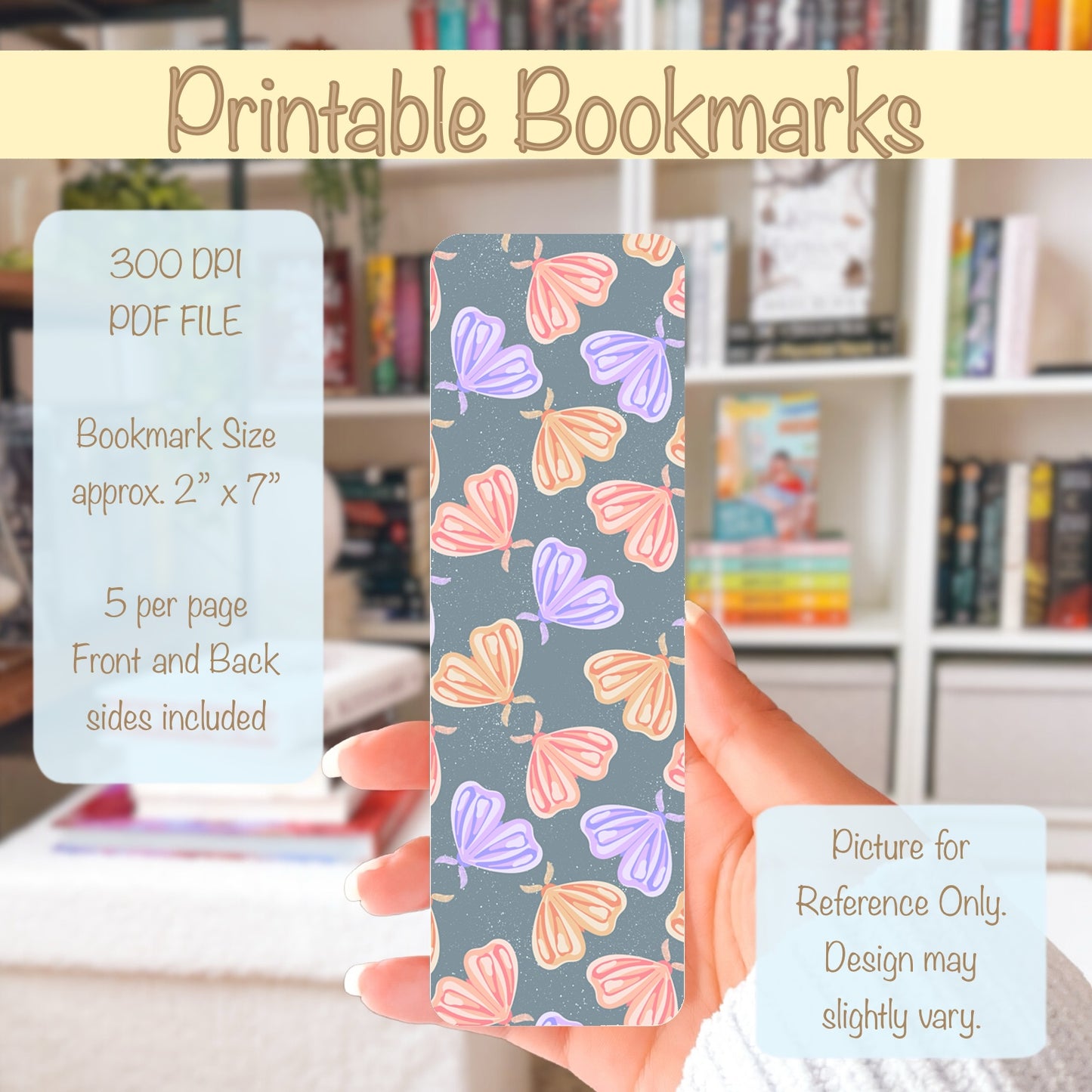 Whimsical Printable Moth Bookmark Grey – Digital Download | 2 PDF Files, 2” x 7” at 300 DPI | Commercial Use