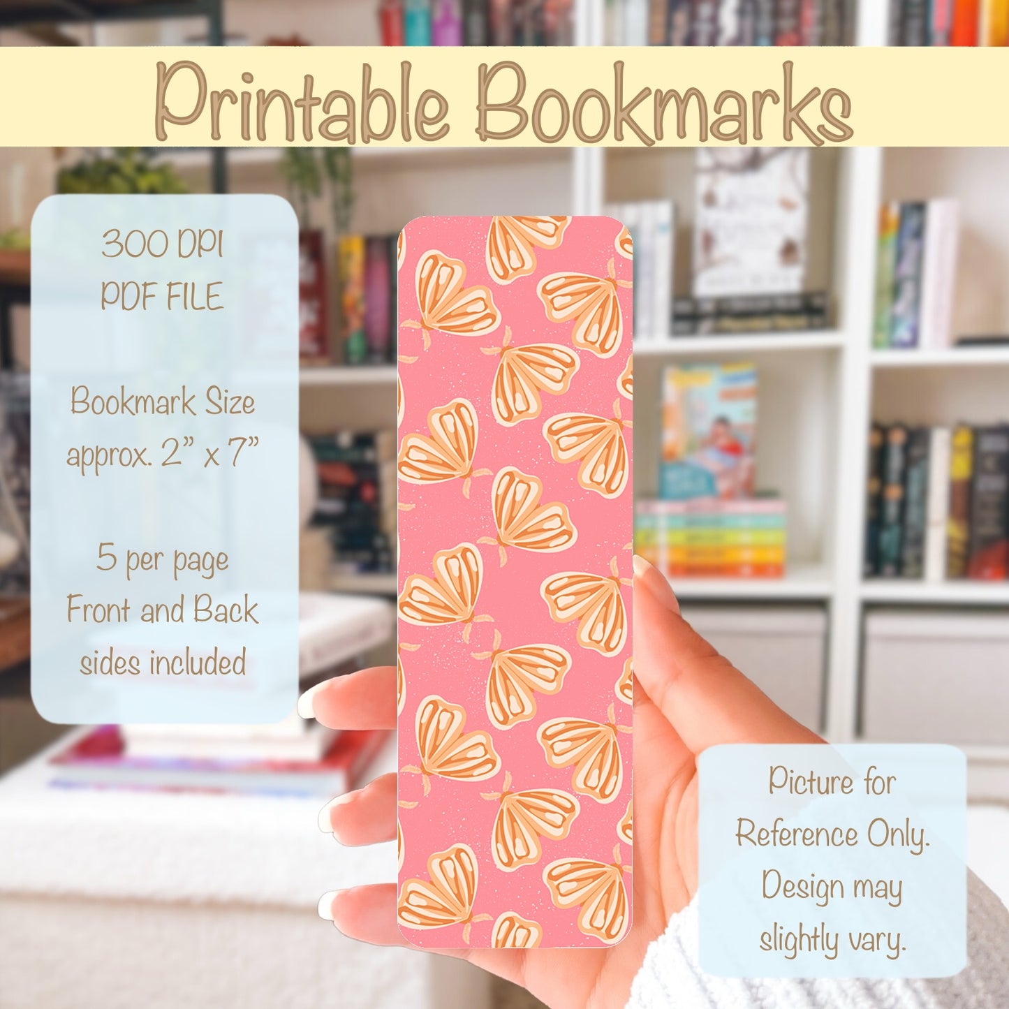 Whimsical Printable Moth Bookmark Pink – Digital Download | 2 PDF Files, 2” x 7” at 300 DPI | Commercial Use