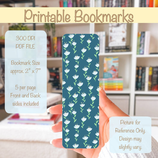 Whimsical Printable Flower Bookmark Blue – Digital Download | 2 PDF Files, 2x7” at 300 DPI | Commercial Use