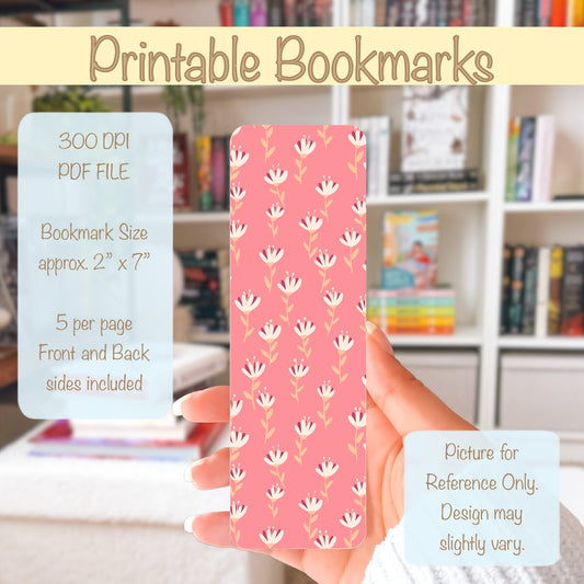 Whimsical Printable Flower Bookmark Pink – Digital Download | 2 PDF Files, 2x7” at 300 DPI | Commercial Use