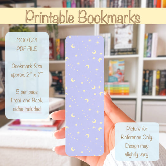 Celestial Printable Bookmark with Moons, Stars & Constellations Lavender– Digital Download | 2 PDF Files, 2x7” at 300 DPI | Commercial Use