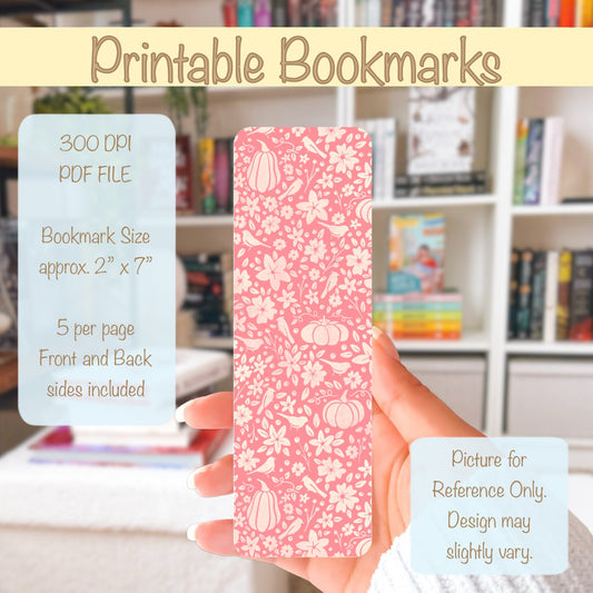 Winter-Themed Printable Bookmark with Pumpkins, Florals & Birds – Digital Download | 2 PDF Files, 2x7” at 300 DPI | Commercial Use