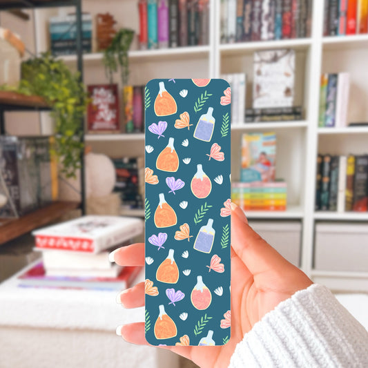 Whimsical Printable Bookmark with Flowers, Moths & Potions Blue – Digital Download | 2 PDF Files, 2x7” at 300 DPI | Commercial Use
