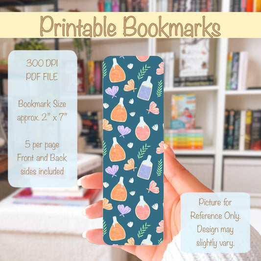 Whimsical Printable Bookmark with Flowers, Moths & Potions Blue – Digital Download | 2 PDF Files, 2x7” at 300 DPI | Commercial Use