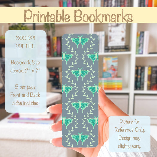 Whimsical Moth Printable Bookmark Grey – Dreamy Digital Download | 2 PDF Files, 2”x7” at 300 DPI | Commercial Use