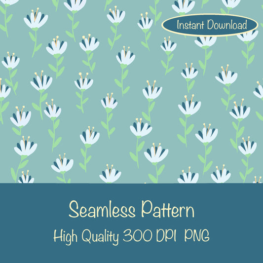 Whimsical Blooms Seamless Pattern Green - Floral Digital Paper PNG 12” x 12” 300 DPI