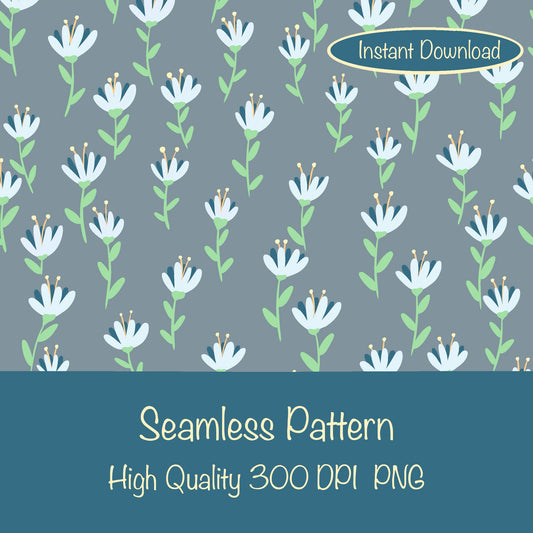 Whimsical Blooms Seamless Pattern Grey - Floral Digital Paper PNG 12” x 12” 300 DPI