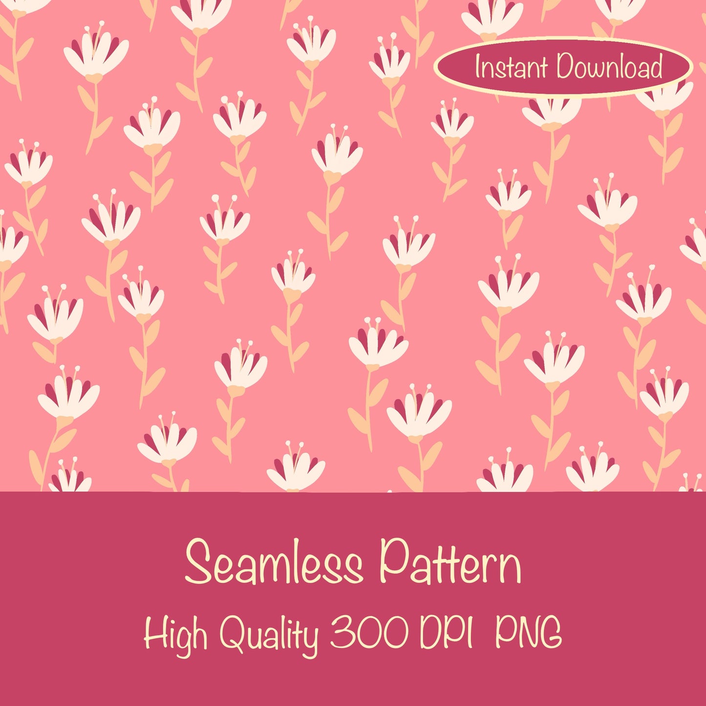 Whimsical Blooms Seamless Pattern Pink - Floral Digital Paper PNG 12” x 12” 300 DPI