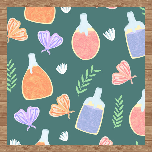 Enchanting Potions, Moths & Flowers Seamless Pattern Dark Green | Digital Paper PNG 12” x 12” 300 DPI