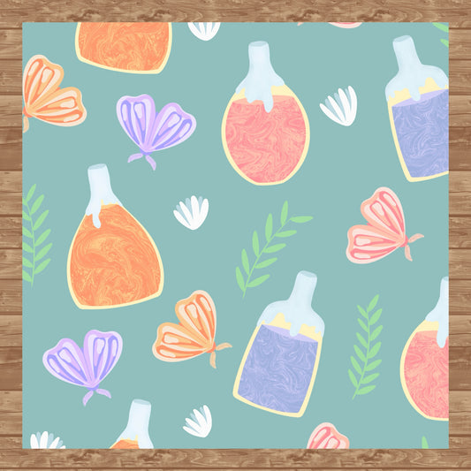 Enchanting Potions, Moths & Flowers Seamless Pattern Green | Digital Paper PNG 12” x 12” 300 DPI