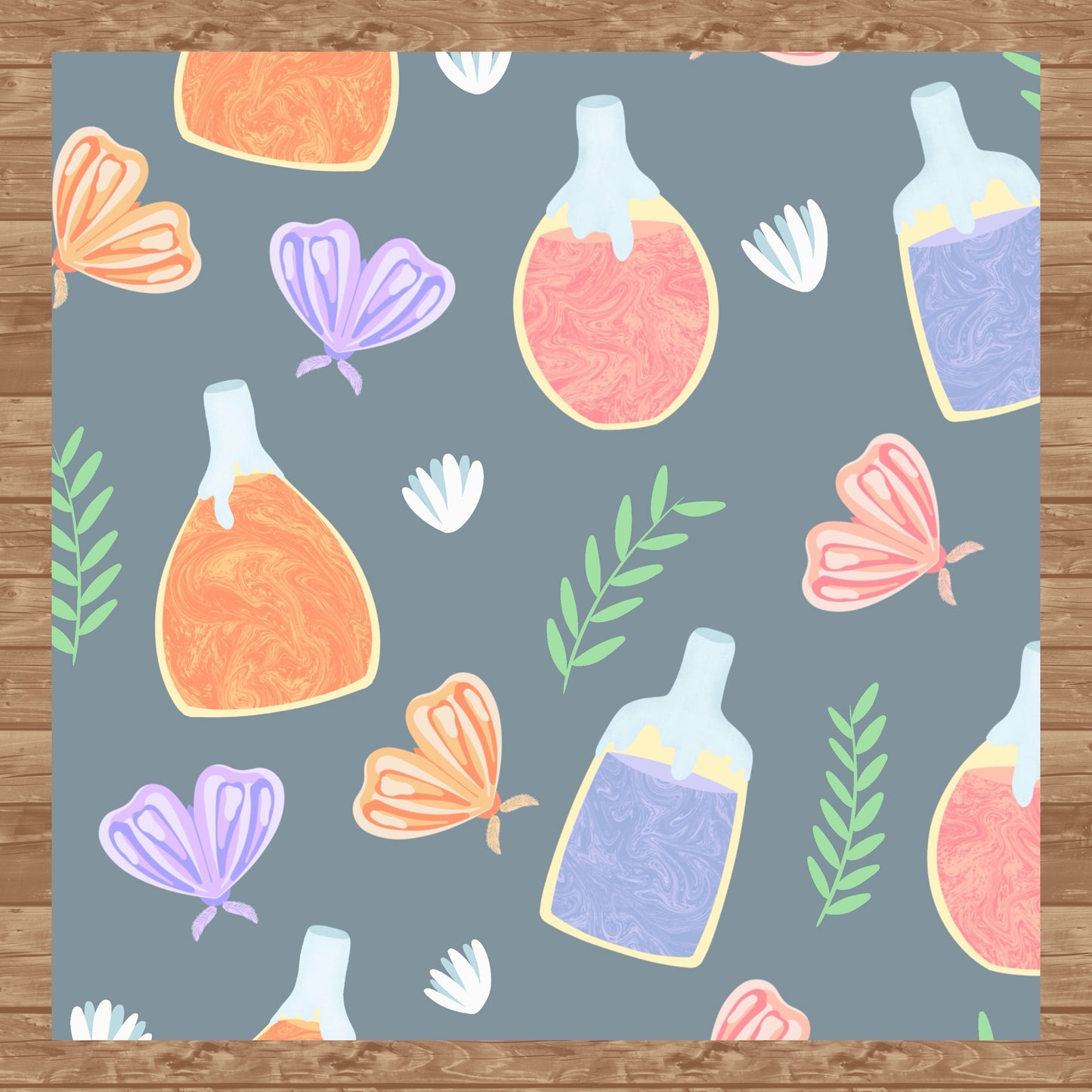 Enchanting Potions, Moths & Flowers Seamless Pattern Grey | Digital Paper PNG 12” x 12” 300 DPI