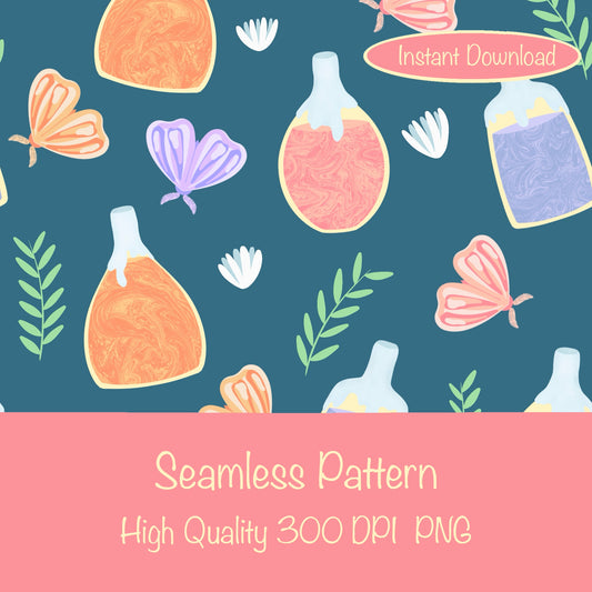 Enchanting Potions, Moths & Flowers Seamless Pattern Blue | Digital Paper PNG 12” x 12” 300 DPI