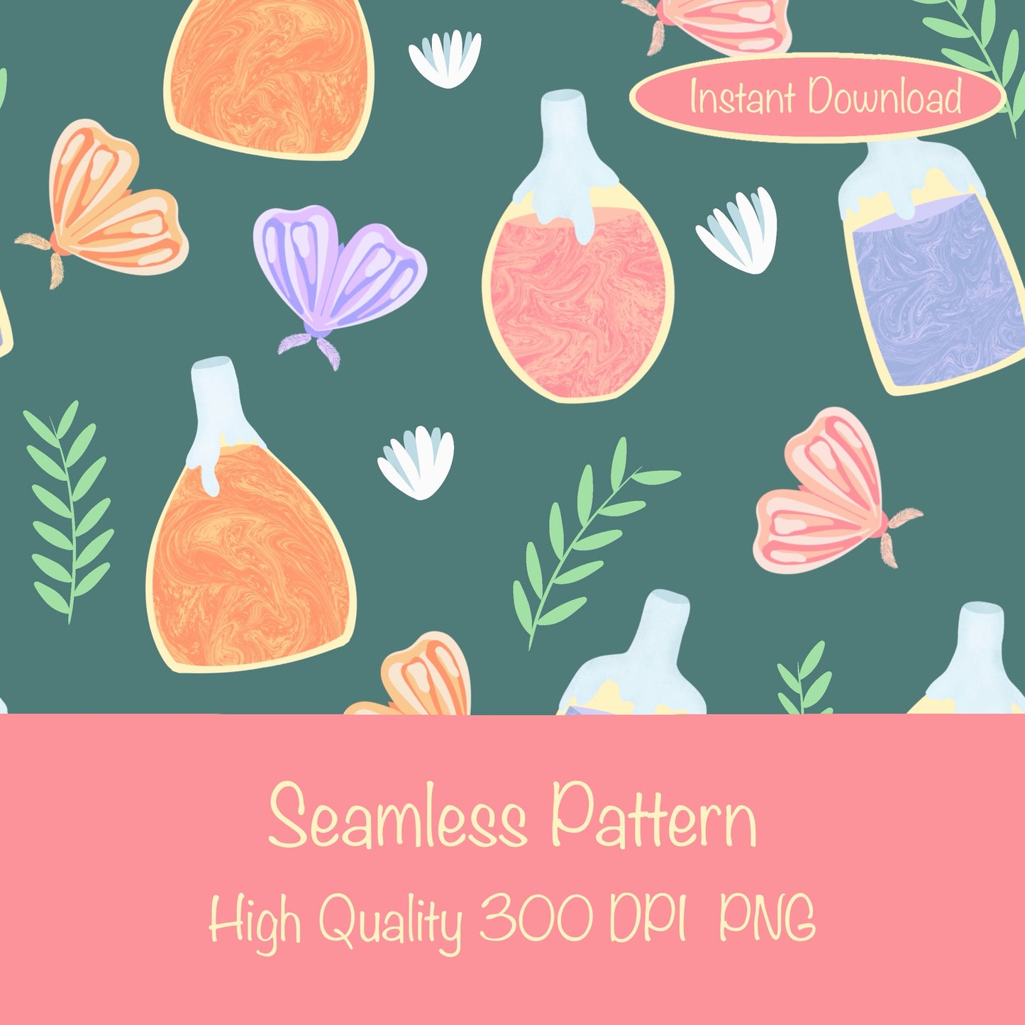 Enchanting Potions, Moths & Flowers Seamless Pattern Dark Green | Digital Paper PNG 12” x 12” 300 DPI