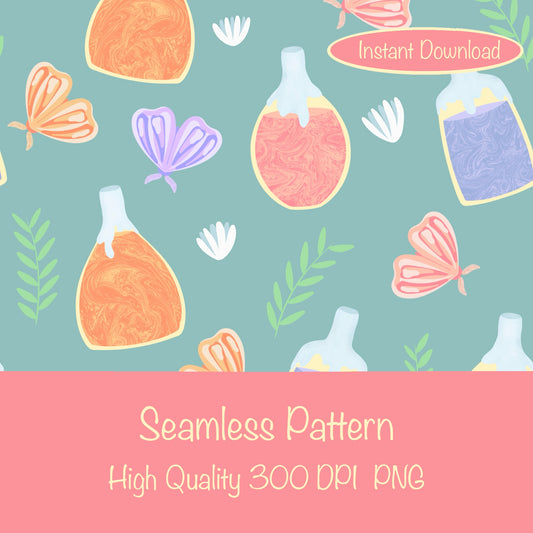 Enchanting Potions, Moths & Flowers Seamless Pattern Green | Digital Paper PNG 12” x 12” 300 DPI