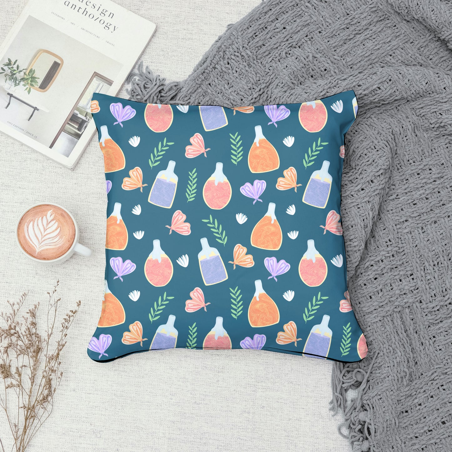 Enchanting Potions, Moths & Flowers Seamless Pattern Blue | Digital Paper PNG 12” x 12” 300 DPI