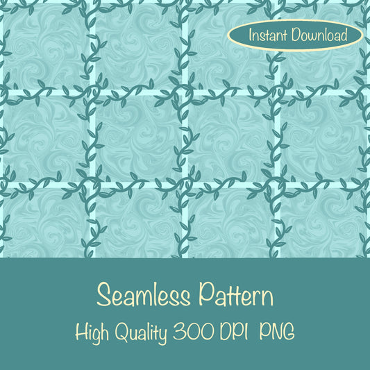 Whimsical Tiles & Botanicals Seamless Pattern Green | Digital Paper PNG 12” x 12” 300 DPI