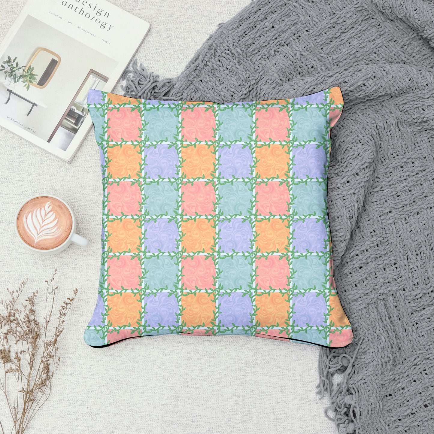 Whimsical Tiles & Botanicals Seamless Pattern | Digital Paper PNG 12” x 12” 300 DPI