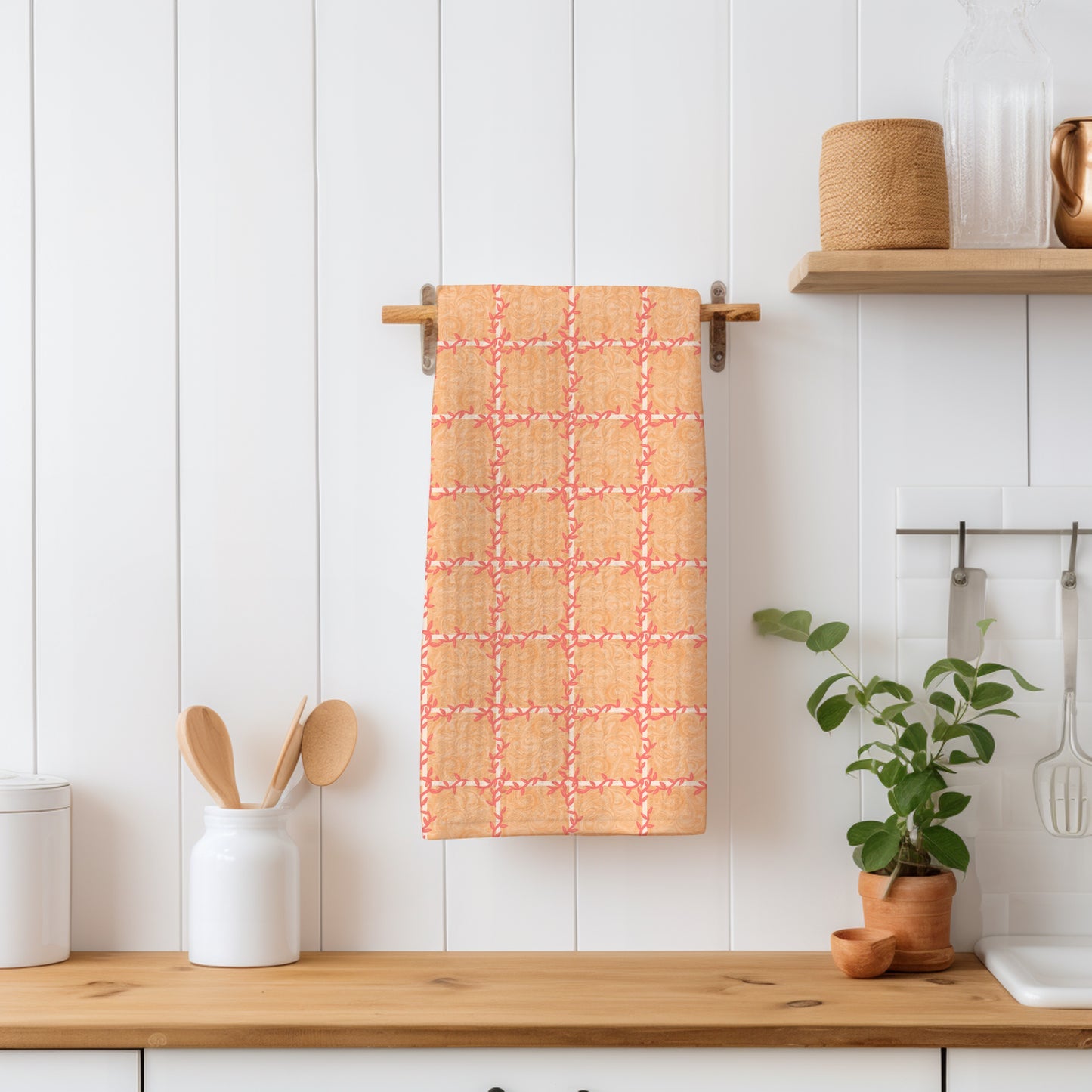 Whimsical Tiles & Botanicals Seamless Pattern Orange | Digital Paper PNG 12” x 12” 300 DPI