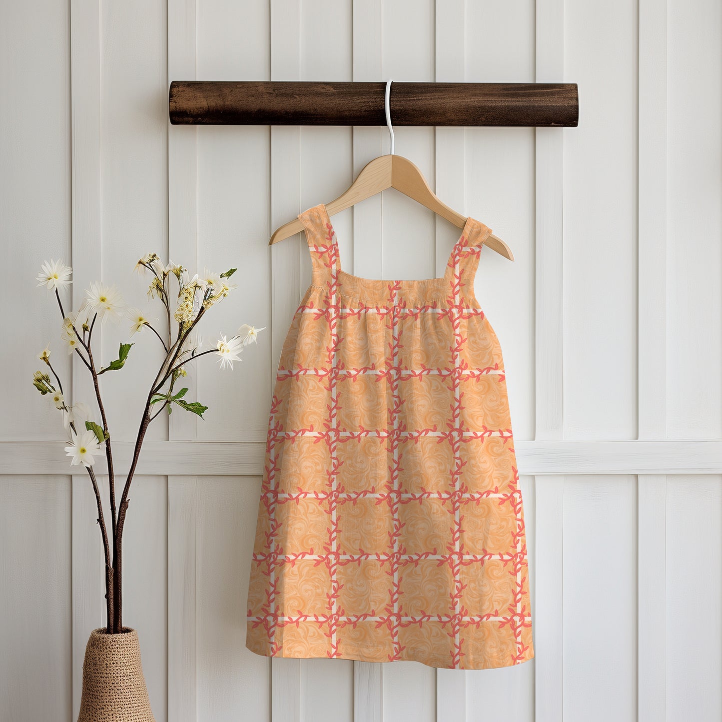 Whimsical Tiles & Botanicals Seamless Pattern Orange | Digital Paper PNG 12” x 12” 300 DPI