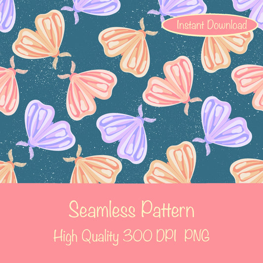 Whimsical Moths Seamless Pattern Blue | Digital Paper PNG 12” x 12” 300 DPI