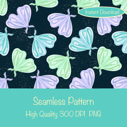 Whimsical Moths Seamless Pattern Dark | Digital Paper PNG 12” x 12” 300 DPI