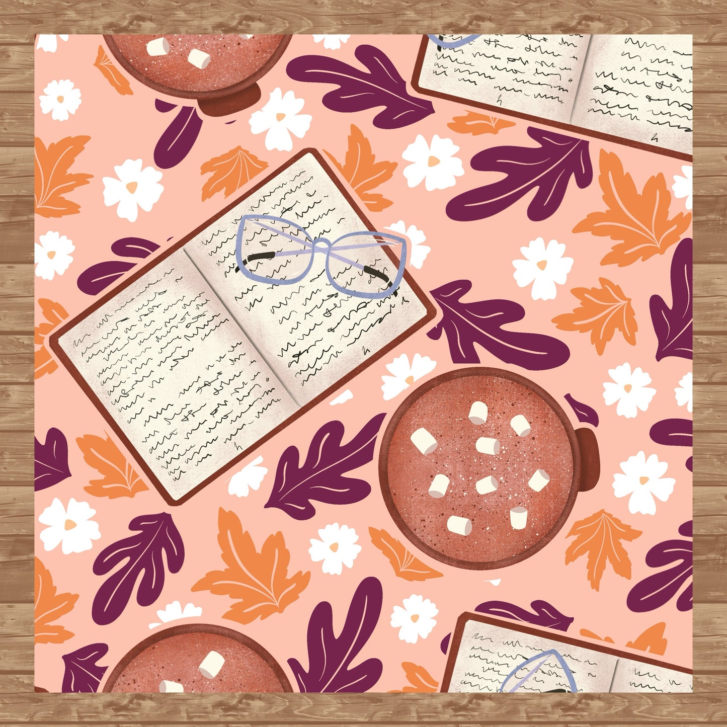 Cozy Fall Seamless Pattern Pink – Books, Hot Cocoa, Glasses & Autumn Leaves Digital Download