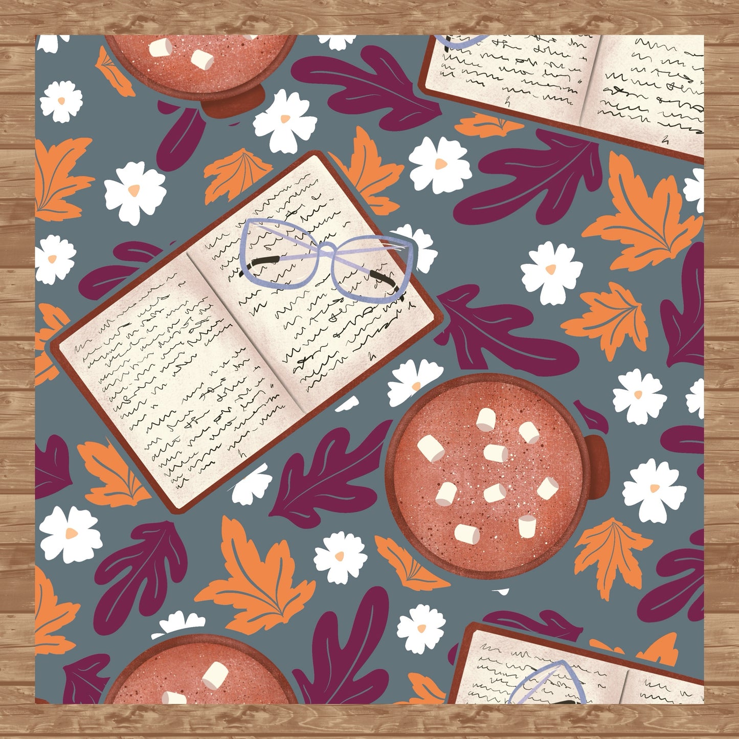 Cozy Fall Seamless Pattern Dark – Books, Hot Cocoa, Glasses & Autumn Leaves Digital Download