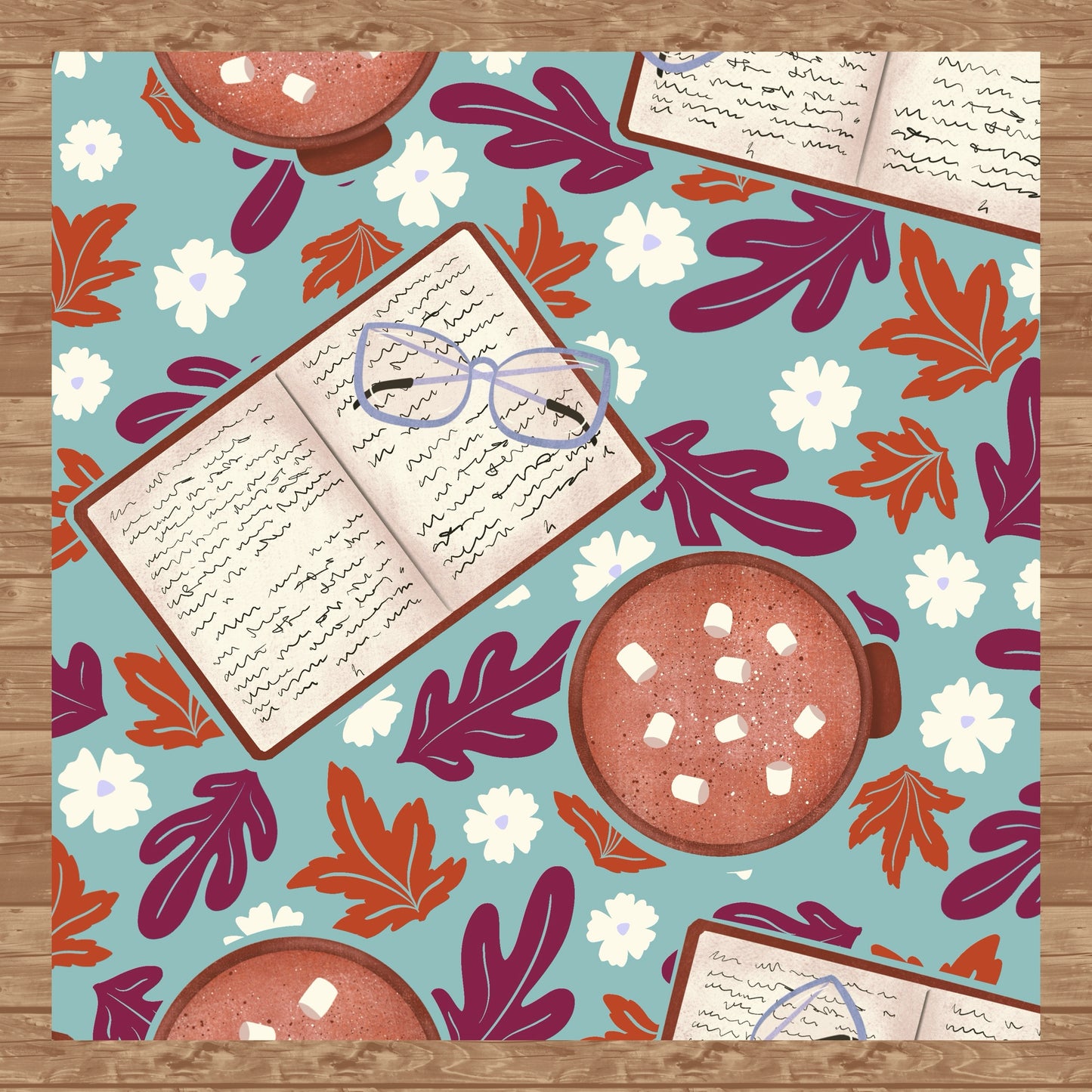 Cozy Fall Seamless Pattern Blue – Books, Hot Cocoa, Glasses & Autumn Leaves Digital Download