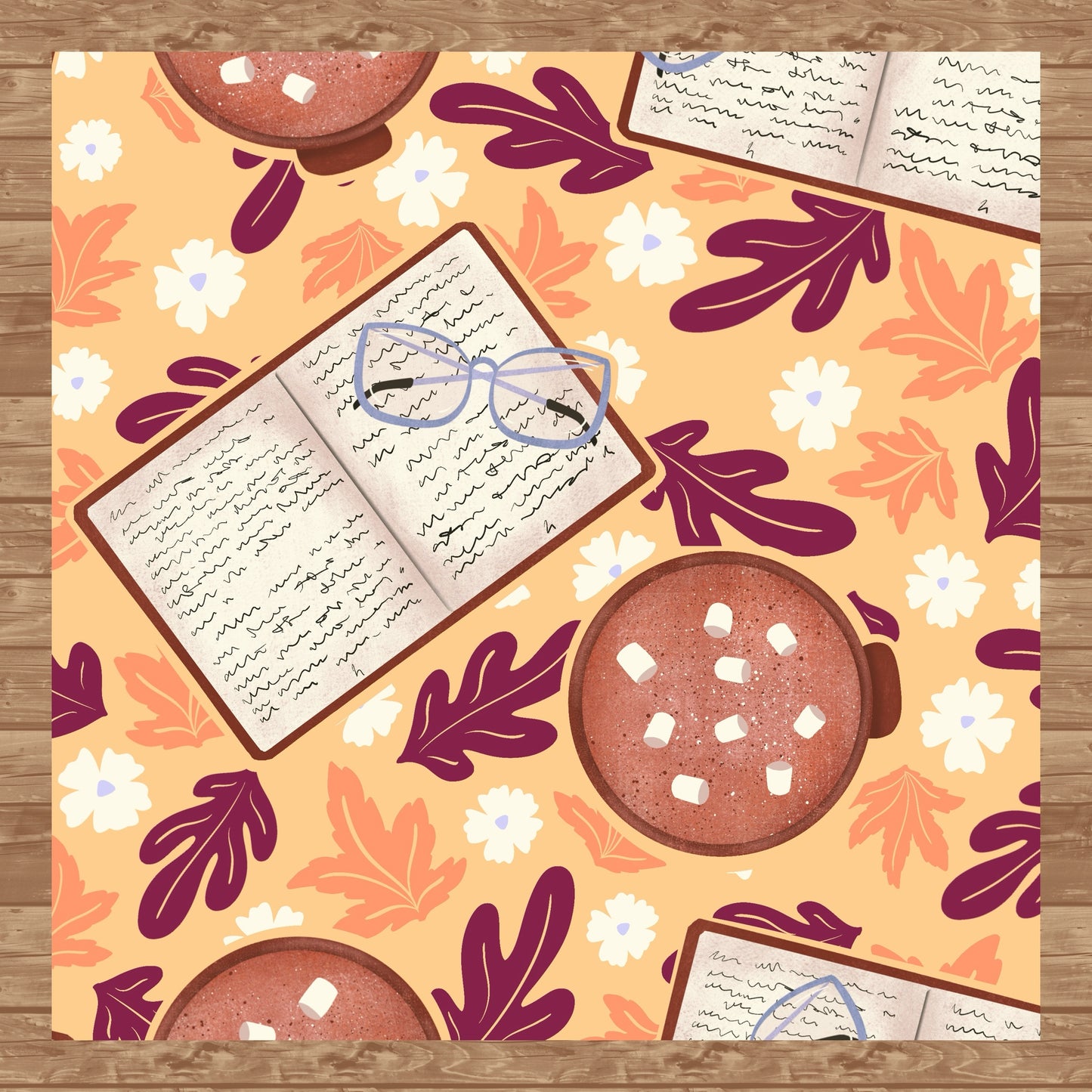 Cozy Fall Seamless Pattern Orange  – Books, Hot Cocoa, Glasses & Autumn Leaves Digital Download