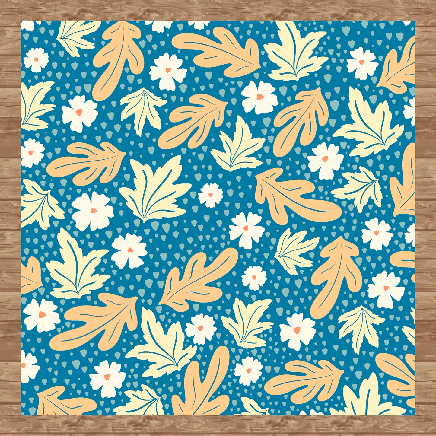 Fall Leaves & Flowers Seamless Pattern Blue | Autumn Digital Paper PNG | Cozy Floral Print