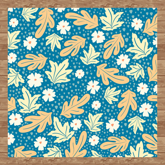 Fall Leaves & Flowers Seamless Pattern Blue | Autumn Digital Paper PNG | Cozy Floral Print