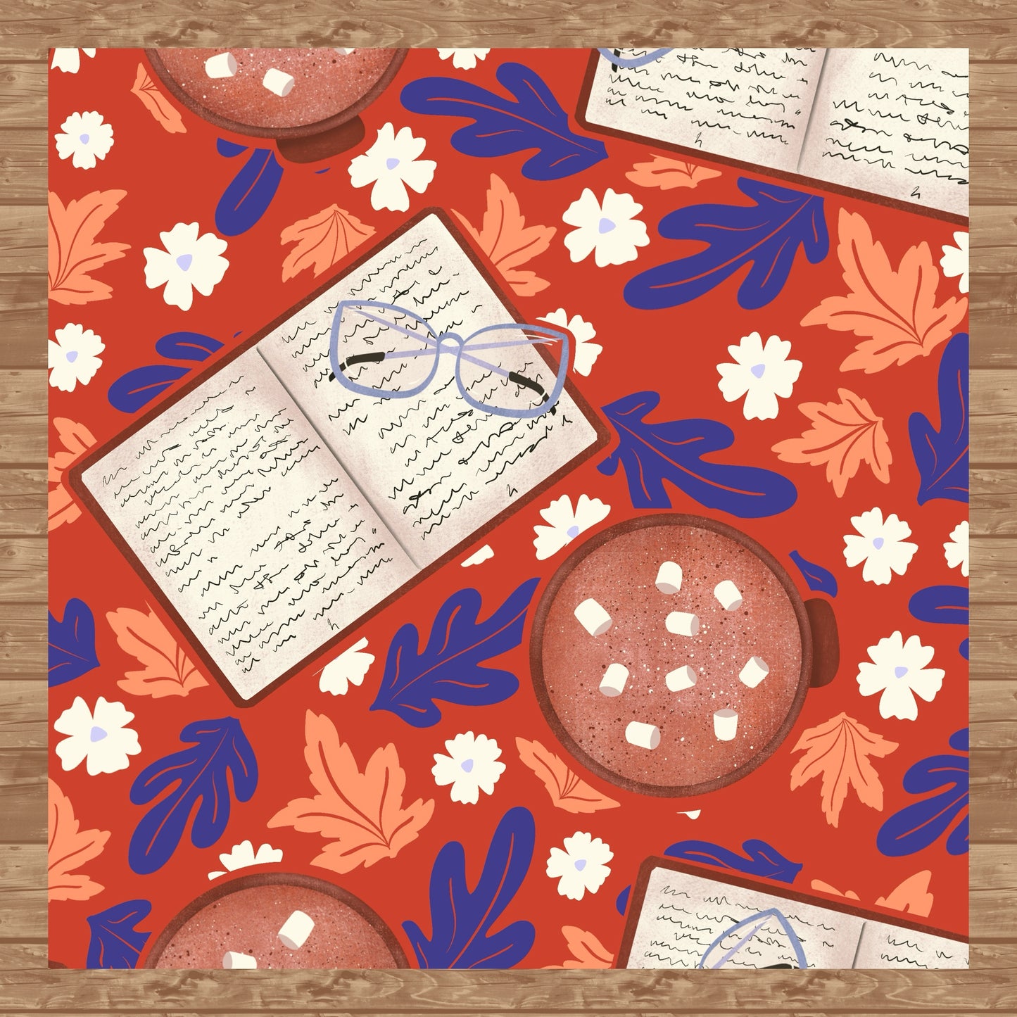 Cozy Fall Seamless Pattern – Books, Hot Cocoa, Glasses & Autumn Leaves Digital Download