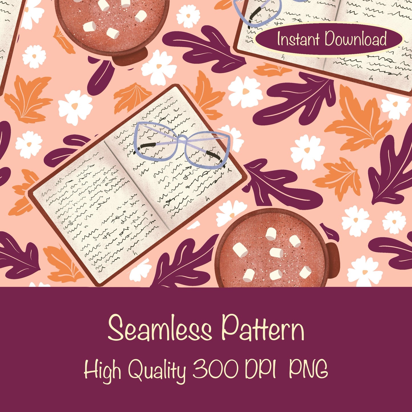 Cozy Fall Seamless Pattern Pink – Books, Hot Cocoa, Glasses & Autumn Leaves Digital Download
