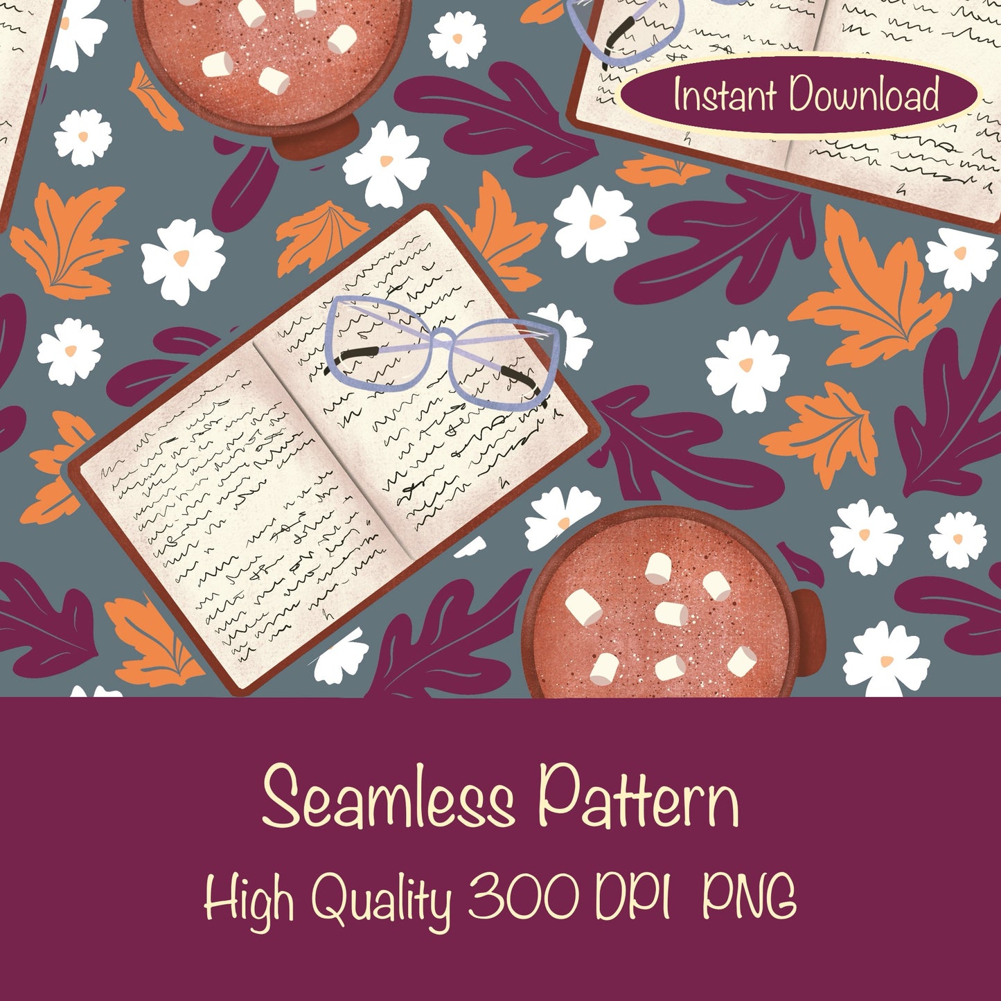 Cozy Fall Seamless Pattern Dark – Books, Hot Cocoa, Glasses & Autumn Leaves Digital Download
