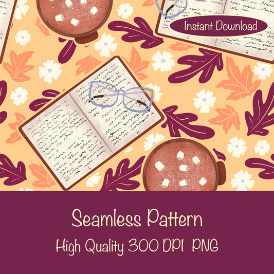 Cozy Fall Seamless Pattern Orange  – Books, Hot Cocoa, Glasses & Autumn Leaves Digital Download