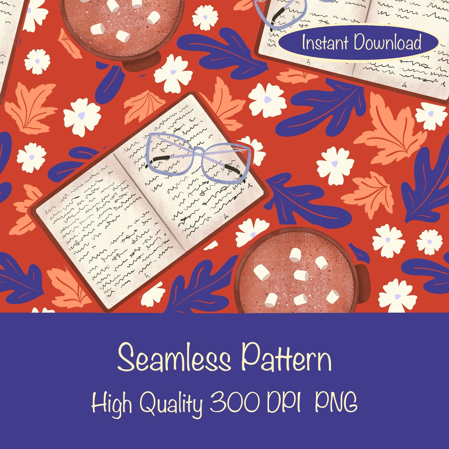 Cozy Fall Seamless Pattern – Books, Hot Cocoa, Glasses & Autumn Leaves Digital Download