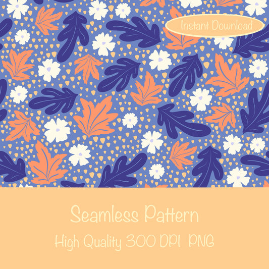 Fall Leaves & Flowers Seamless Pattern Purple | Autumn Digital Paper PNG | Cozy Floral Print