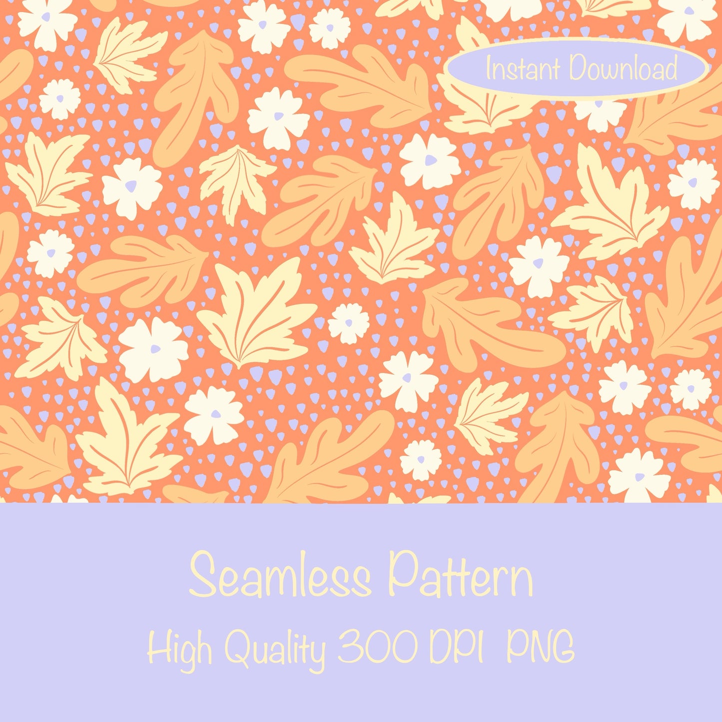 Fall Leaves & Flowers Seamless Pattern Orange | Autumn Digital Paper PNG | Cozy Floral Print