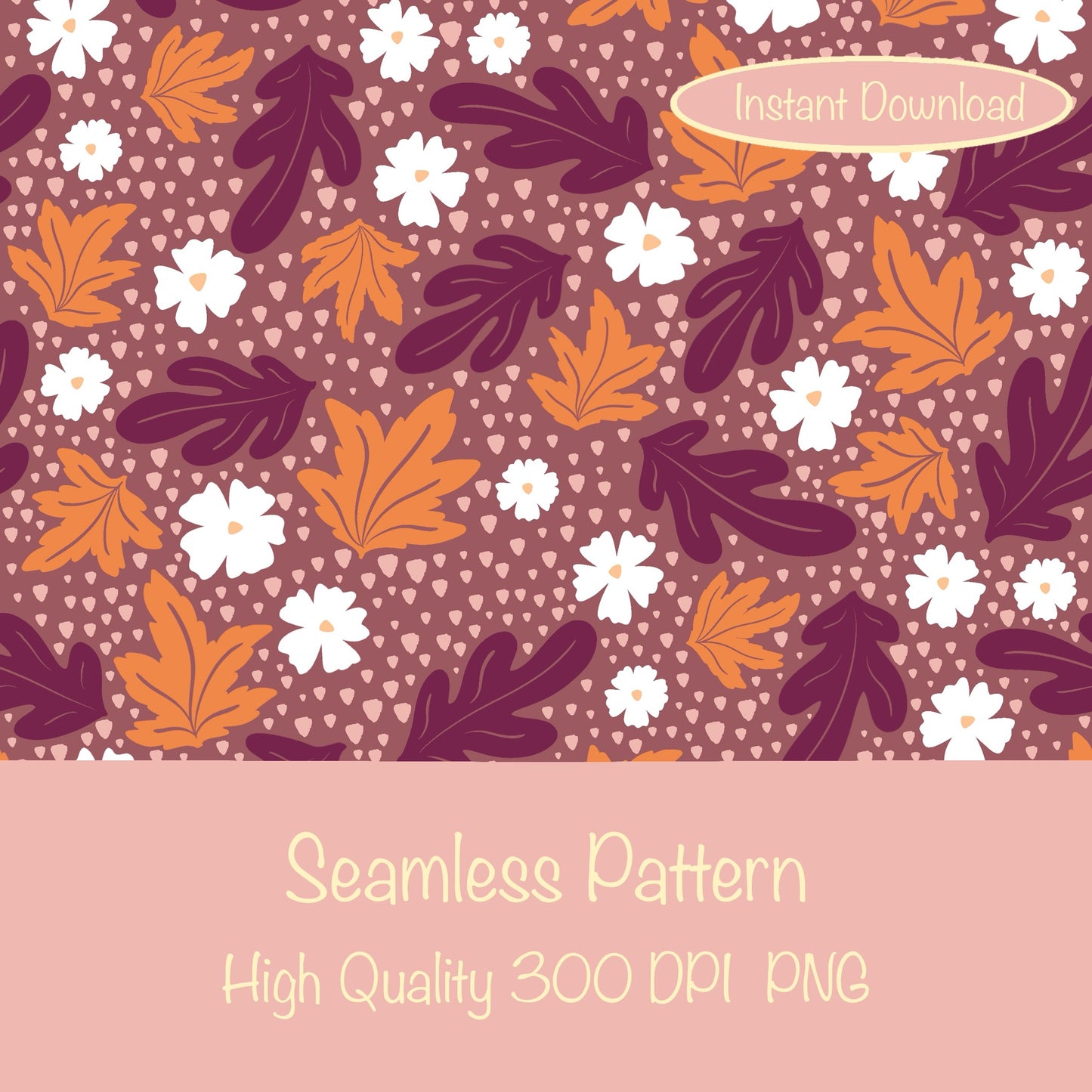 Fall Leaves & Flowers Seamless Pattern Dark | Autumn Digital Paper PNG | Cozy Floral Print