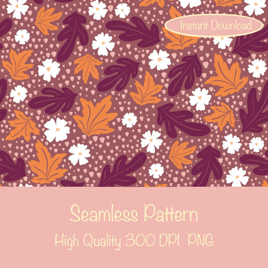 Fall Leaves & Flowers Seamless Pattern Dark | Autumn Digital Paper PNG | Cozy Floral Print