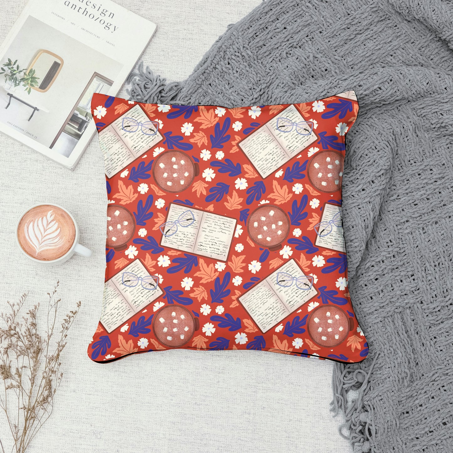 Cozy Fall Seamless Pattern – Books, Hot Cocoa, Glasses & Autumn Leaves Digital Download