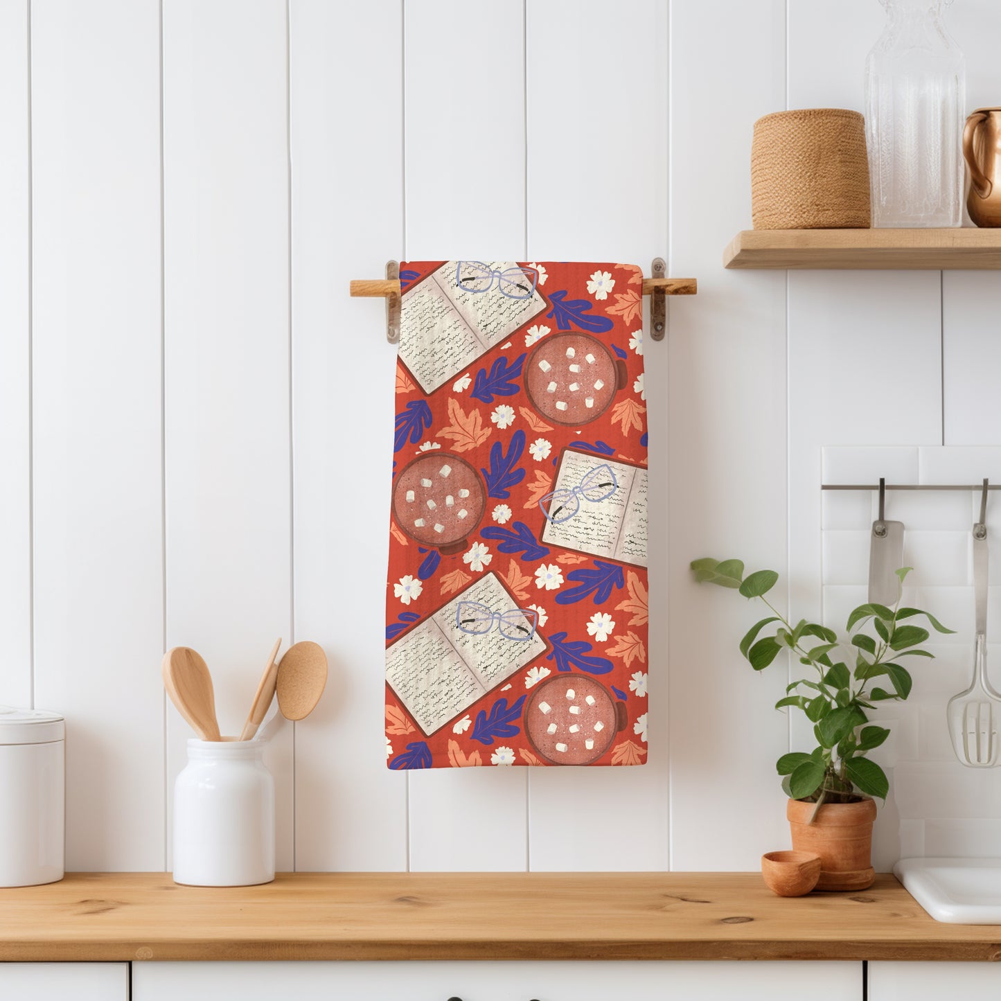 Cozy Fall Seamless Pattern – Books, Hot Cocoa, Glasses & Autumn Leaves Digital Download