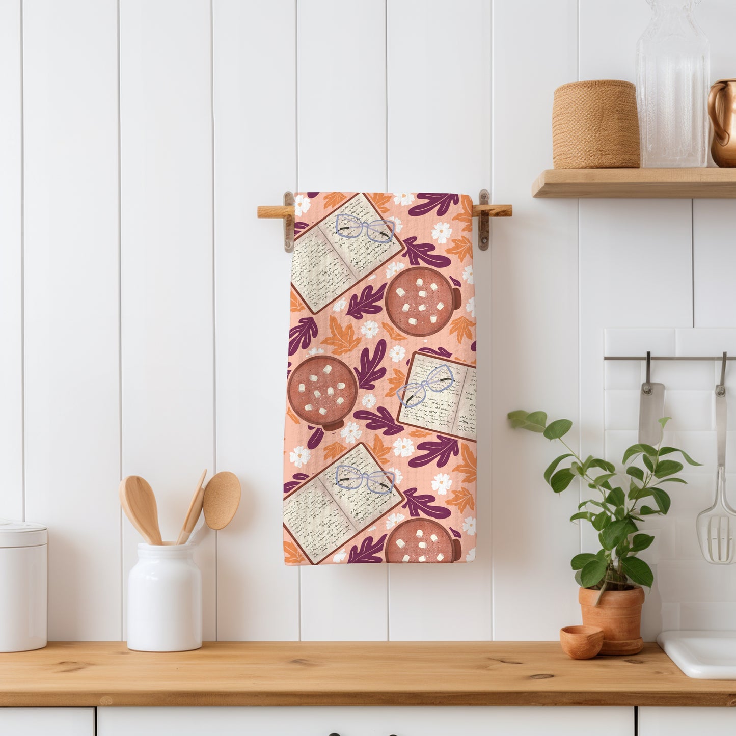 Cozy Fall Seamless Pattern Pink – Books, Hot Cocoa, Glasses & Autumn Leaves Digital Download